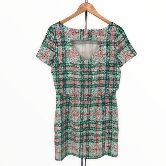 Cooper & Ella Pink Green Plaid Print Back Cutout Short Sleeve Dress size Small - Picture 8 of 12